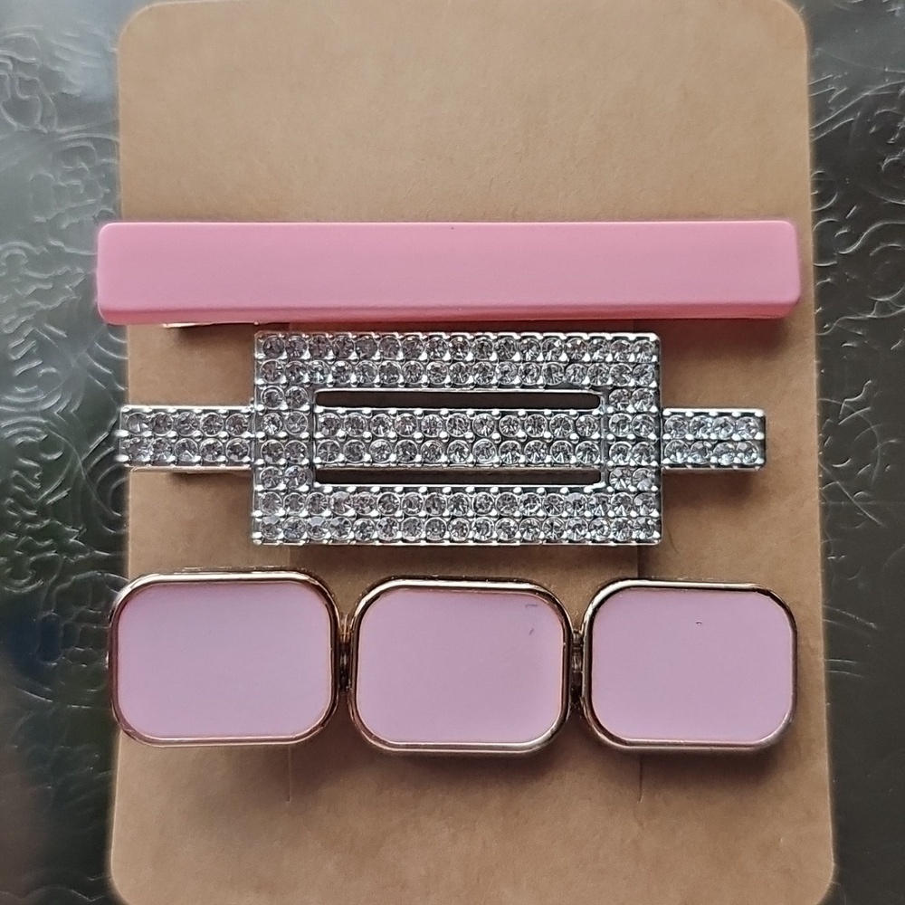 New Chic Pink and Silver 3 Pc Boutique Hair Clip Set
